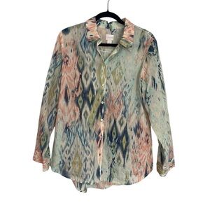 Chico's Green and Pink 3/4 Sleeve Button Down Shirt